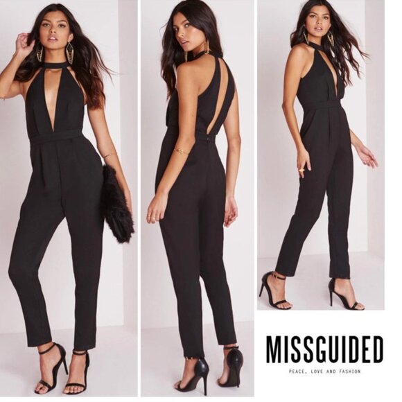 NWT Black Missguided Cutout Choker Neck  Halter Pant Jumpsuit 8 - Picture 1 of 4
